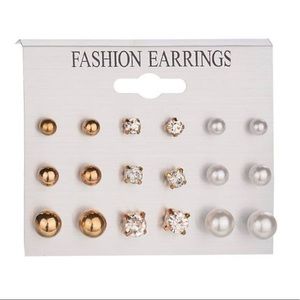 9 Pairs of Stud Earrings • Pearls, Gold Balls & Rhinestones w/ Backings • NEW